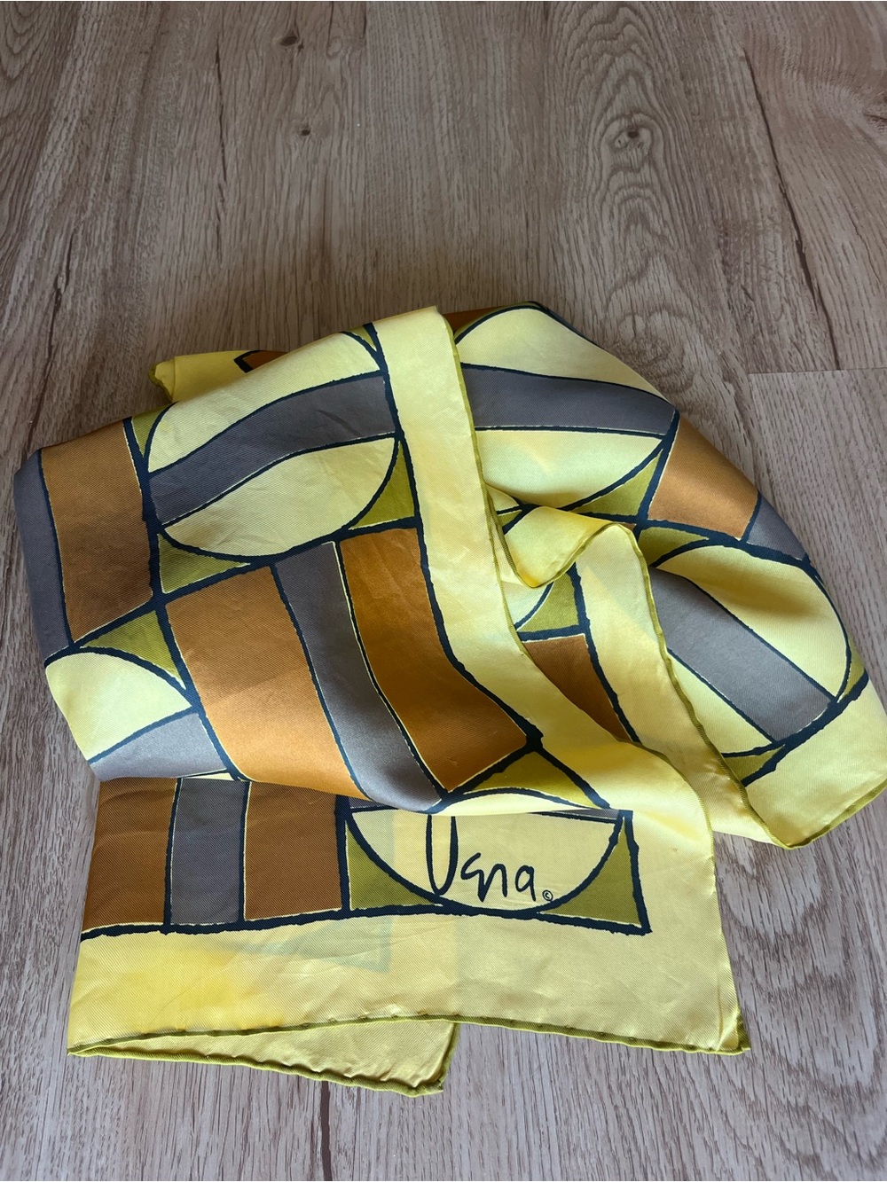 Vera Neumann Silk Vintage Scarf Yellow Geometric Abstract Hand-Rolled Hem 44”